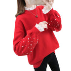 Damen trendiger Strickpullover mit Perlendetails und voluminösen Ärmeln R&B