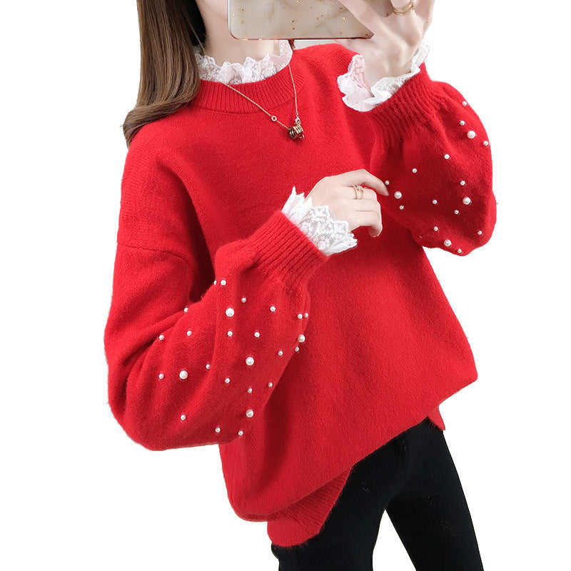 Damen trendiger Strickpullover mit Perlendetails und voluminösen Ärmeln R&B