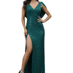 Damen Schimmerndes Abendkleid mit tiefem V-Ausschnitt und eleganten Ärmel-Details R&B