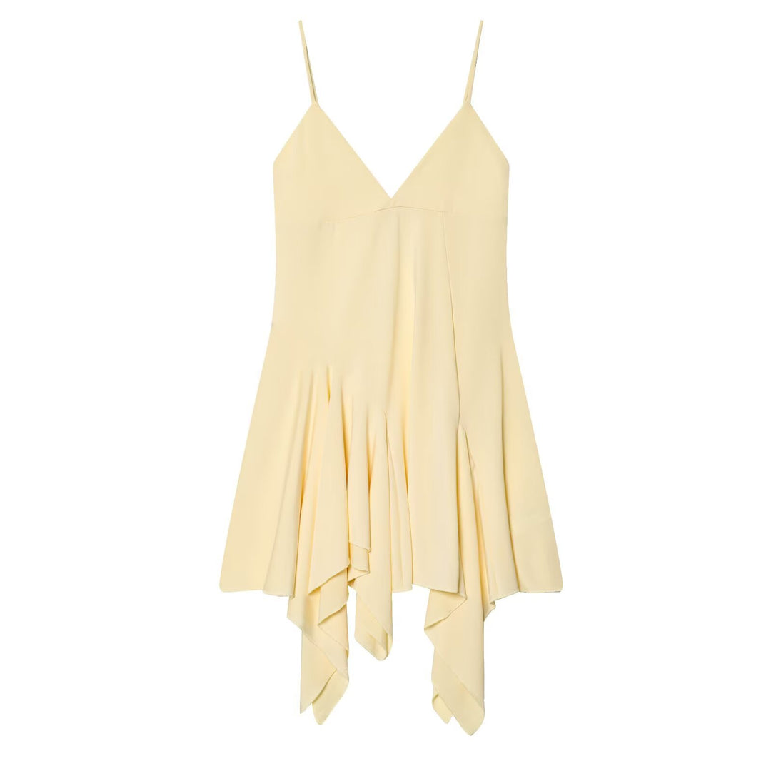 Damen fließendes Spaghetti-Trägerkleid mit asymmetrischem Saum und elegantem Faltenwurf R&B