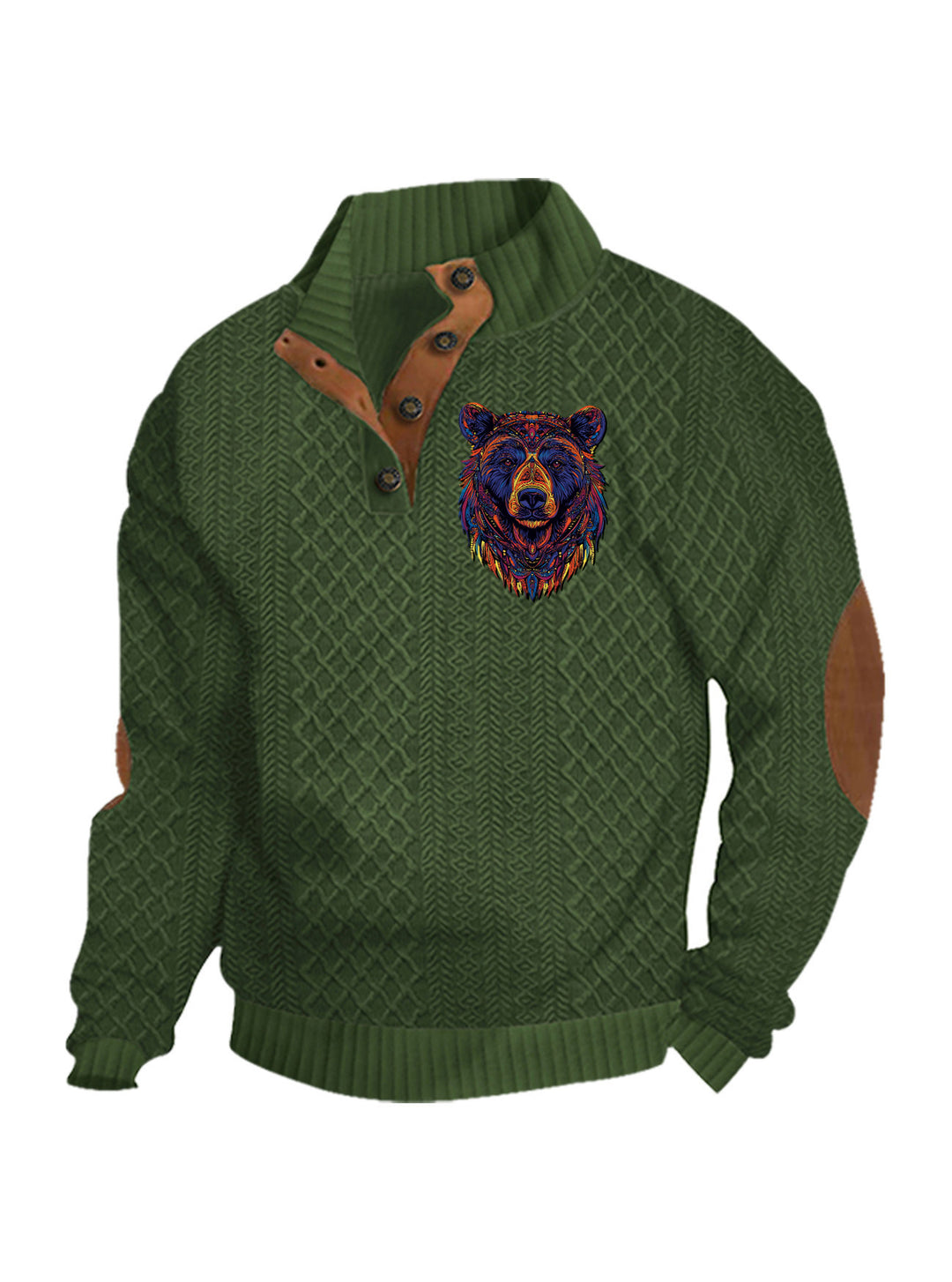 Herren nan Heritage-Strukturpullover mit Stehkragen Lederimitat-Besatz Ellenbogen-Patches und Halbknopfleiste R&B