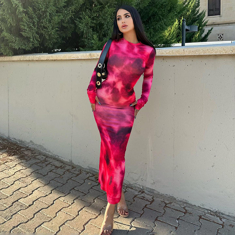 Damen figurbetontes Maxikleid mit langen Ärmeln und modernem Batikmuster R&B
