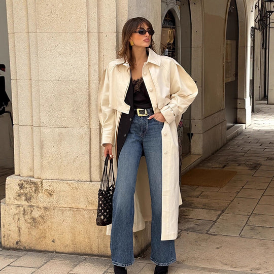 Damen Langer Trenchcoat mit breitem Kragen und taillierbarem Gürtel R&B