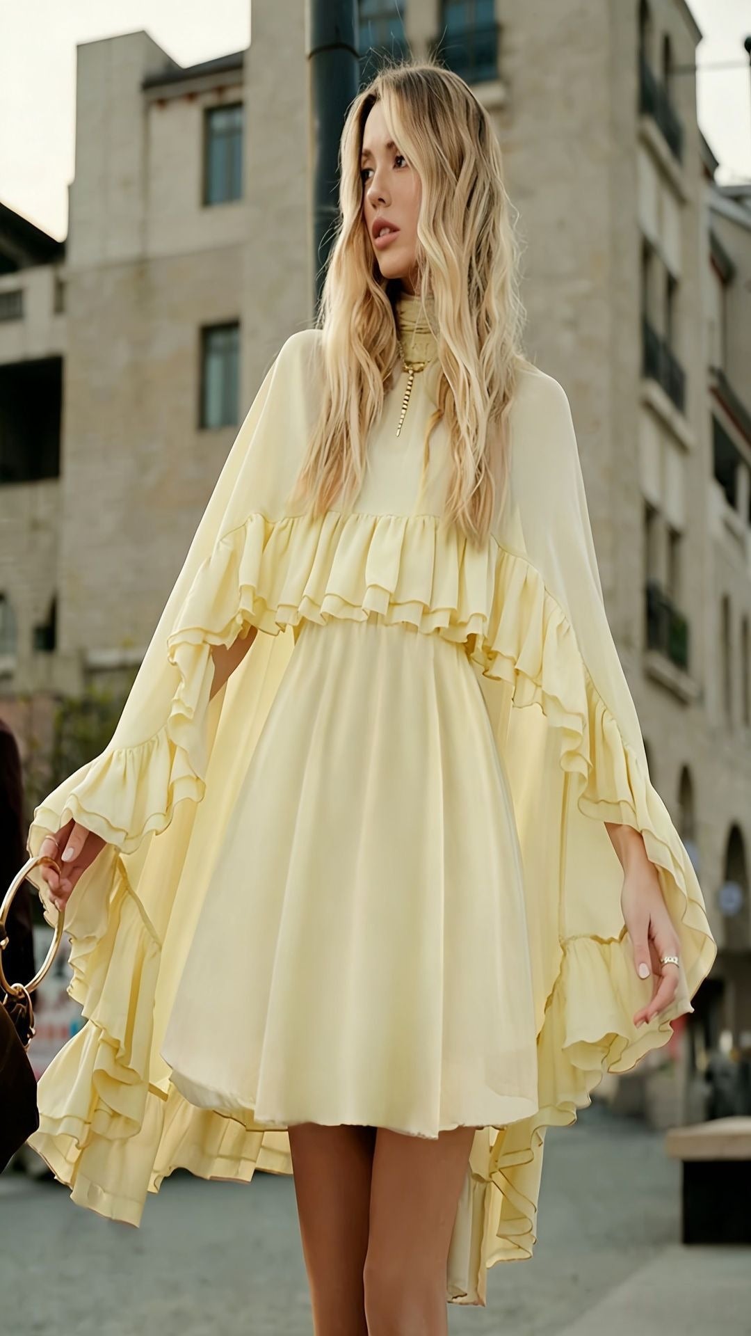 Damen Elegantes Rüschendress mit hochgeschlossenem Ausschnitt und fließendem Schnitt R&B