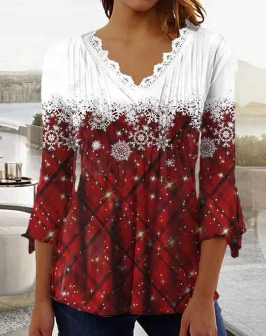 Damen Blusenshirt mit elegantem Spitzenhals und festlichem Karomuster Heidi-Mode