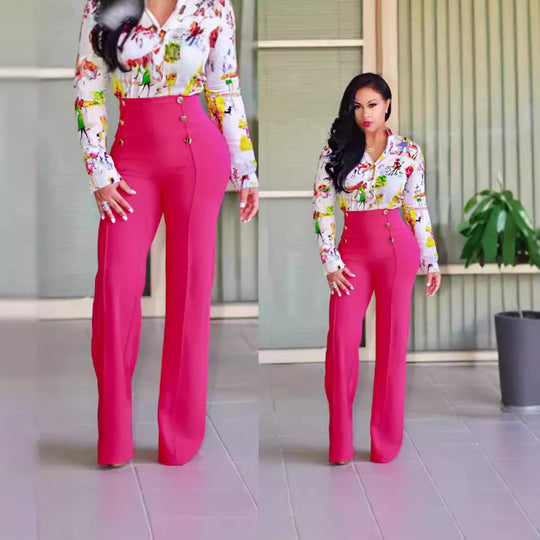 Damen Hochtaillierte Palazzo-Hose mit goldenen Knöpfen R&B