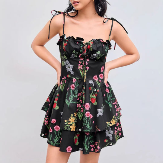 Damen Minikleid mit Blumenmuster und bordeauxfarbenem Unterrock R&B