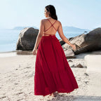 Damen Maxikleid mit tiefem V-Ausschnitt und elastischem Taillenbund R&B
