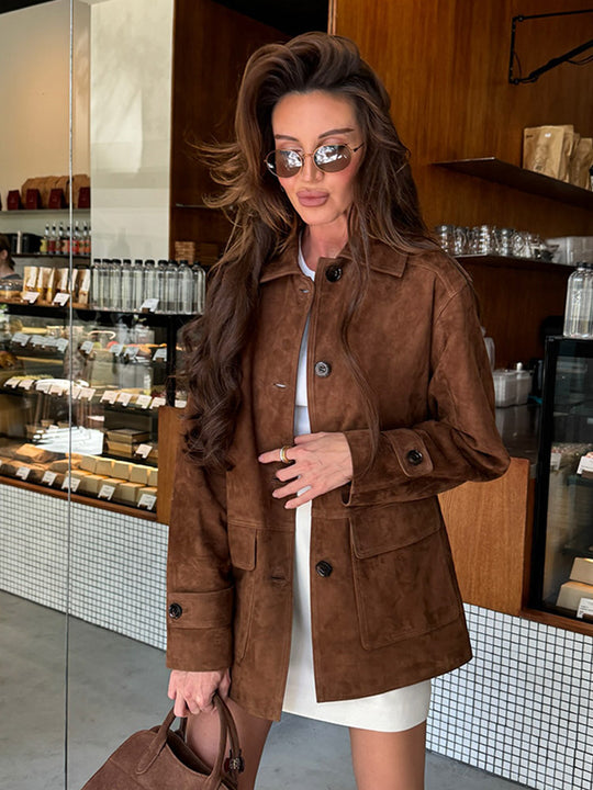 Damen hochwertige Suede Jacke mit praktischen Taschen und klassischem Kragen R&B