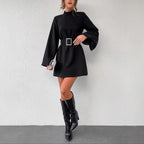 Damen elegante Minikleidung mit Gürtel und langen Ärmeln R&B