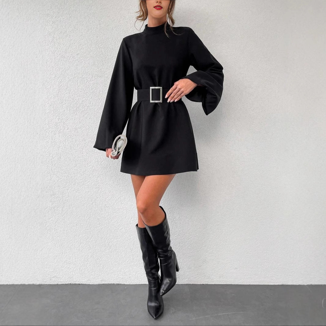 Damen elegante Minikleidung mit Gürtel und langen Ärmeln R&B