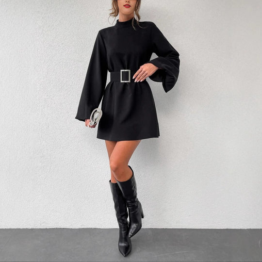 Damen elegante Minikleidung mit Gürtel und langen Ärmeln R&B