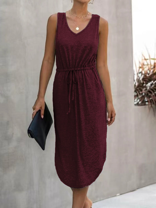Damen lässiges Maxikleid mit V-Ausschnitt und elastischem Taillenbund R&B