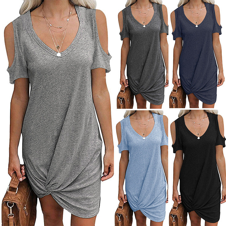 Damen Strandkleid mit knotenförmigem Saum und schulterfreiem Design R&B