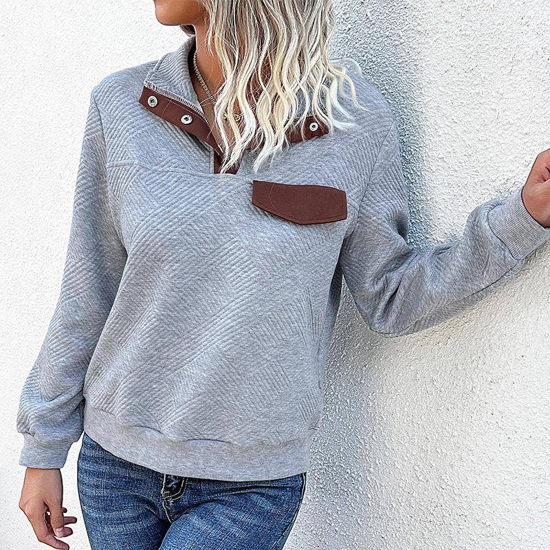 Damen lässiger Pullover mit strukturiertem Kragen und praktischer Brusttasche R&B