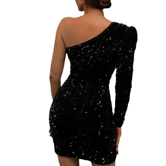 Damen Glamouröses Pailletten-Minikleid mit asymmetrischem Ausschnitt und figurbetontem Schnitt R&B