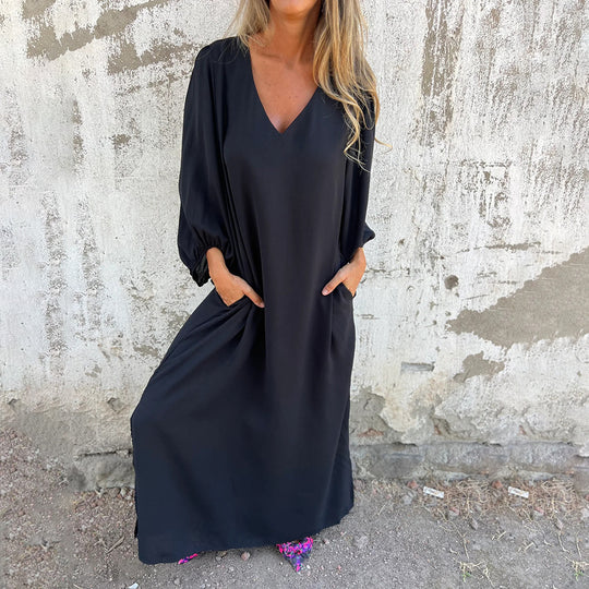 Damen elegantes Maxikleid mit V-Ausschnitt und praktischen Seitentaschen R&B