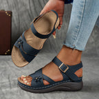 Damen Wedge-Sandaletten mit dekorativem Blumenelement und verstellbarem Riemendesign R&B