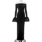Damen Elegantes Langarm-Maxikleid mit Off-Shoulder-Ausschnitt und Rüschendetails EB