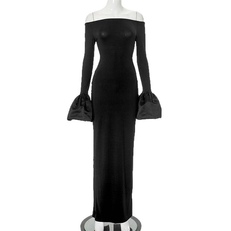 Damen Elegantes Langarm-Maxikleid mit Off-Shoulder-Ausschnitt und Rüschendetails EB
