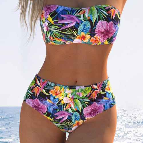 Damen Bandeau-Bikini mit hohem Taillenschnitt und buntem Tropenmotiv R&B