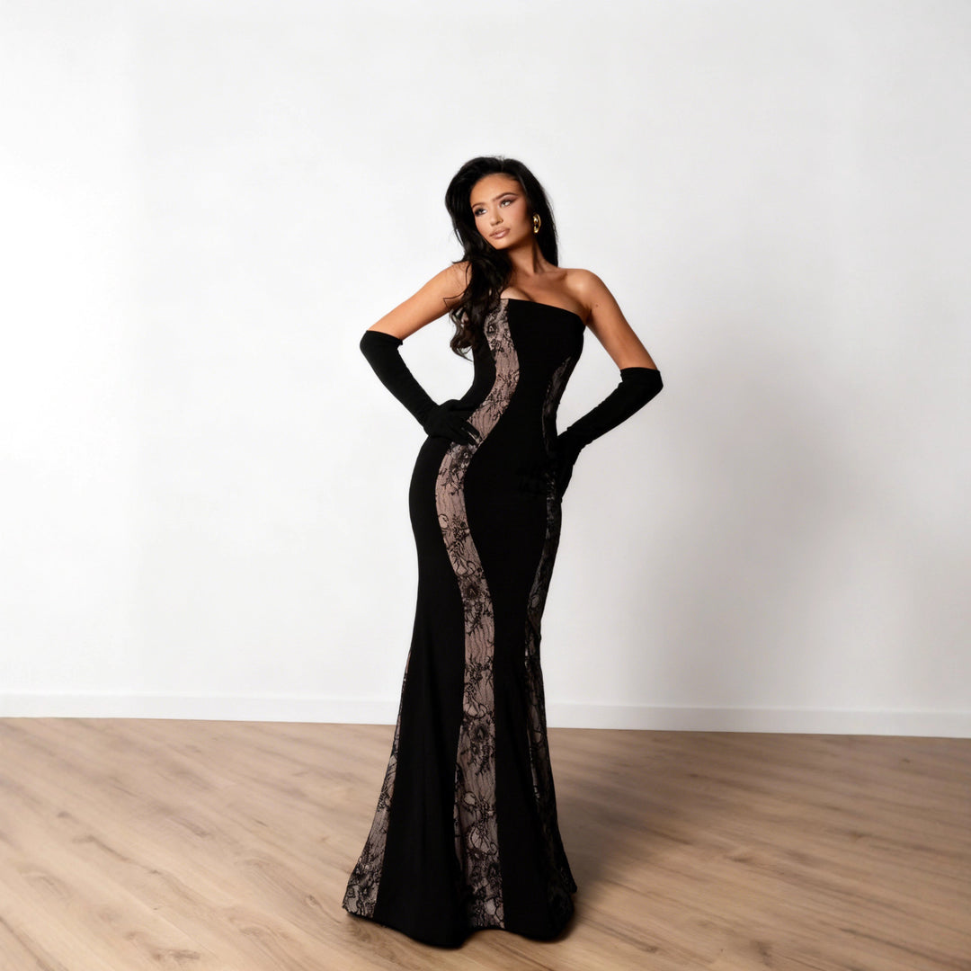 Damen Abendkleid mit luxuriösem Schnitt und edlen Spitzen-Elementen R&B