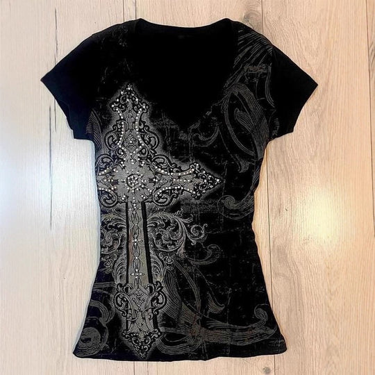 Damen T-Shirt mit aufwendigem Kreuz-Design und Strass-Akzenten R&B