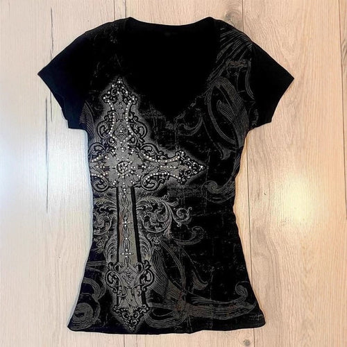 Damen T-Shirt mit aufwendigem Kreuz-Design und Strass-Akzenten R&B