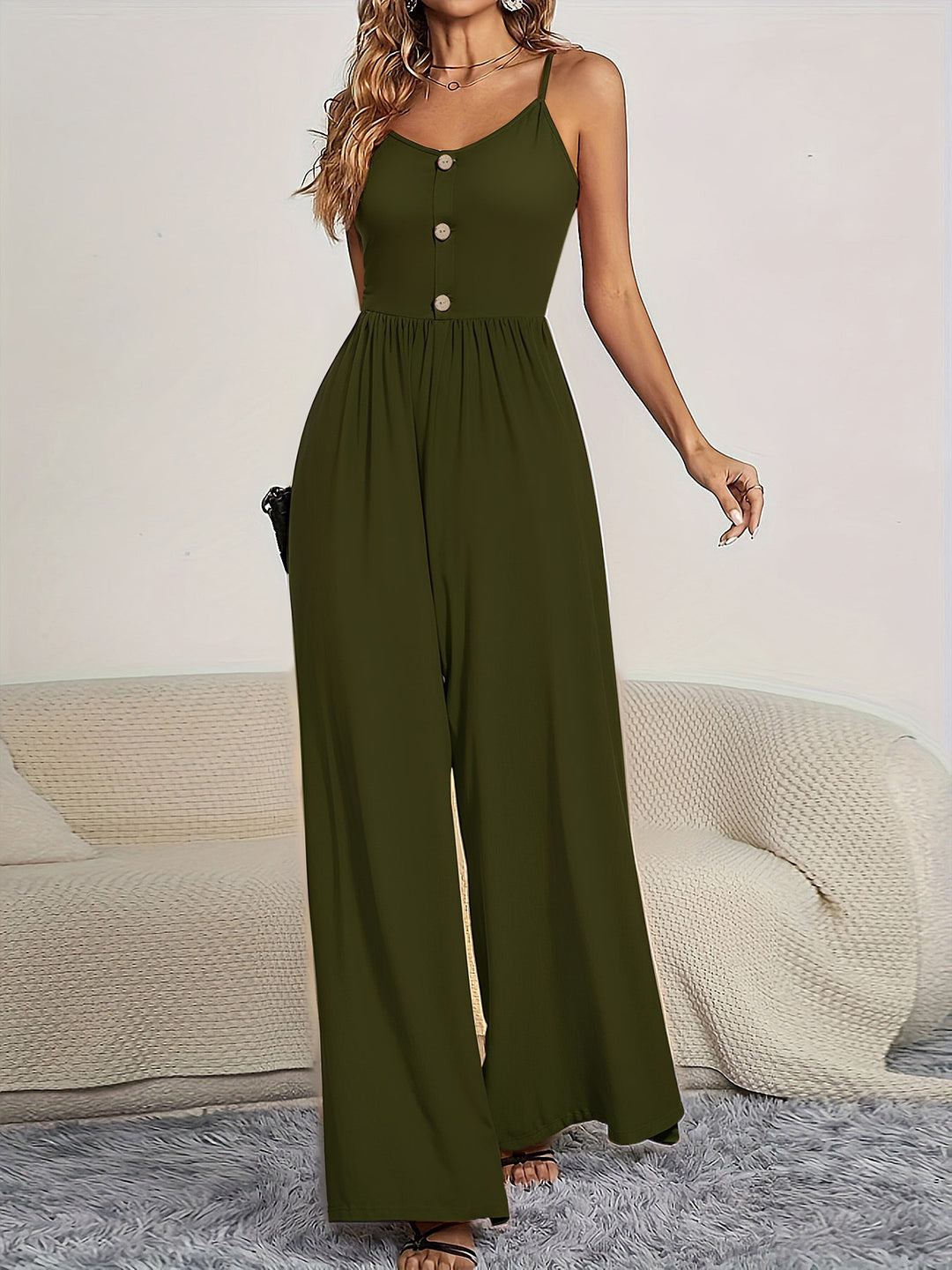 Damen Jumpsuit mit knöpfbarem Oberteil und weitem Bein R&B
