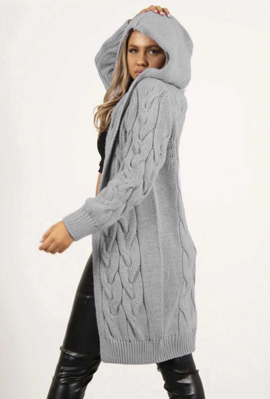 Damen Strickmantel mit Kapuze und Zopfmuster R&B