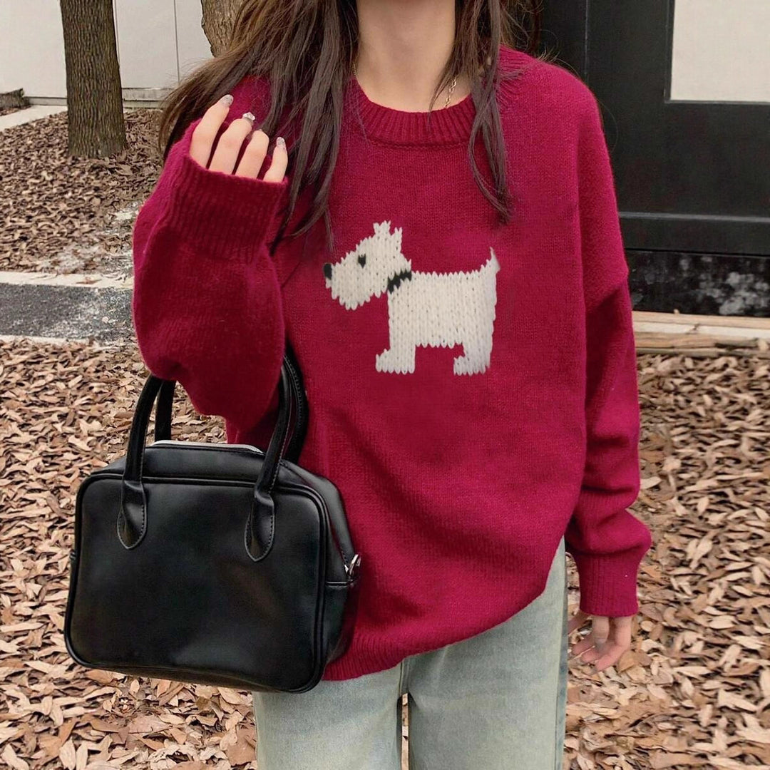 Damen Strickpullover mit süßem Dog-Motiv und bequemer Passform R&B