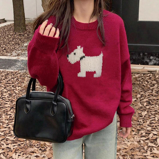 Damen Strickpullover mit süßem Dog-Motiv und bequemer Passform R&B