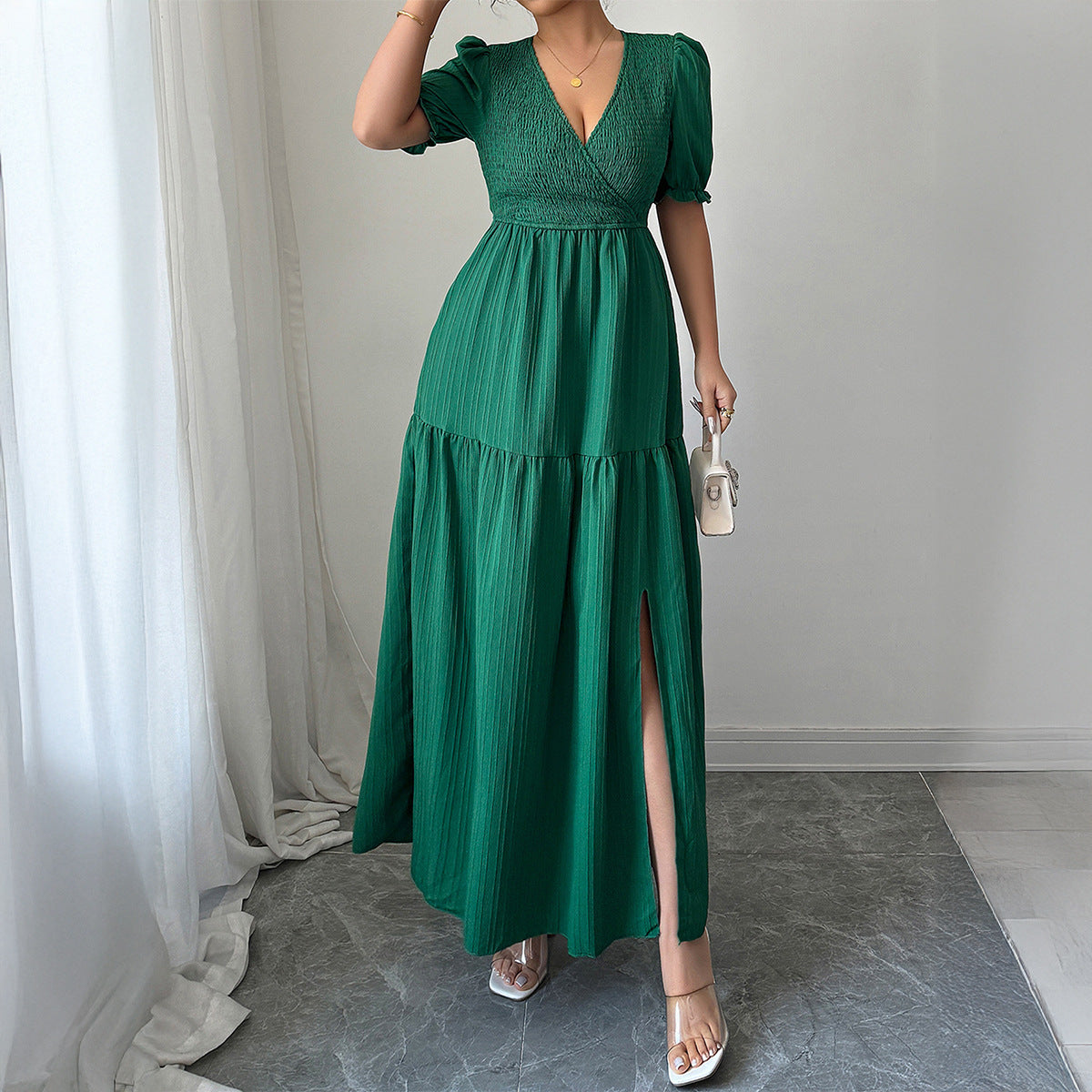 Damen Maxi-Jumpsuit mit gerafften Ärmeln und schwingendem Rock R&B