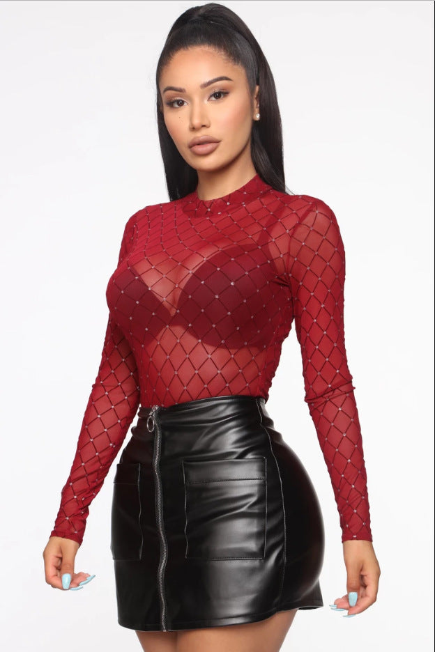 Damen Langärmeliger Bodysuit mit funkelndem Netzdesign R&B