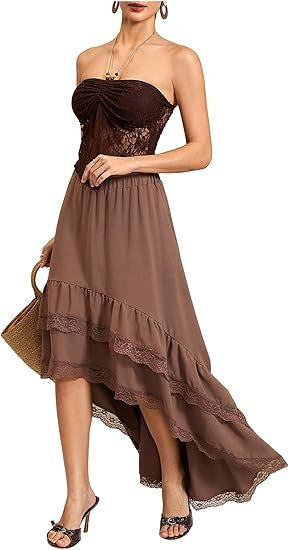 Damen Boho Maxi-Rock mit asymmetrischem Saum und Spitzenverzierungen R&B
