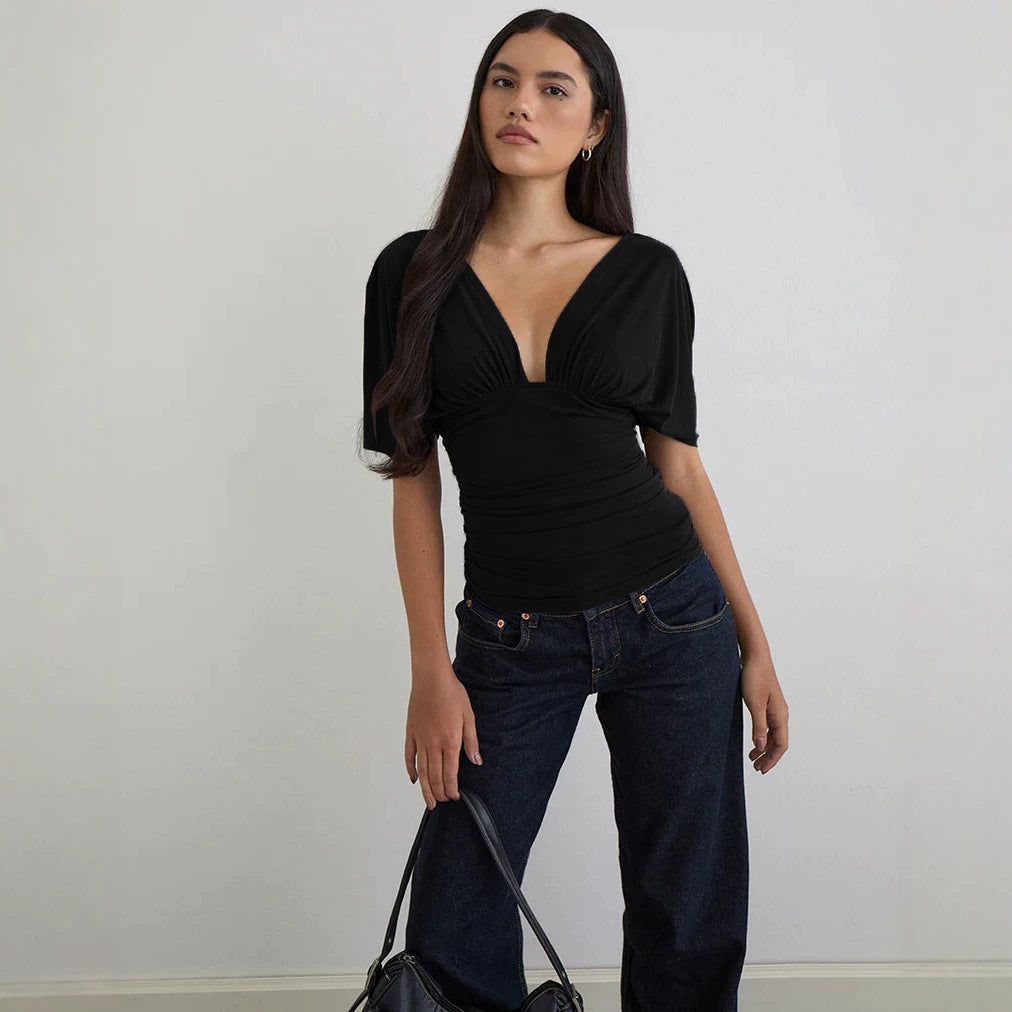Damen Elegantes Oberteil mit tiefem V-Ausschnitt und lässigem Drapierungsdesign R&B