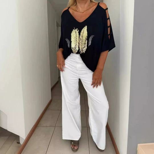 Damen Oversized T-Shirt mit kreativen Cut-Outs und auffälligem Druck Heidi-Mode