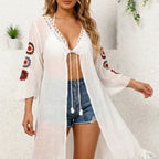 Damen luftiger und eleganter Strandkimono mit floralen Häkelakzenten R&B