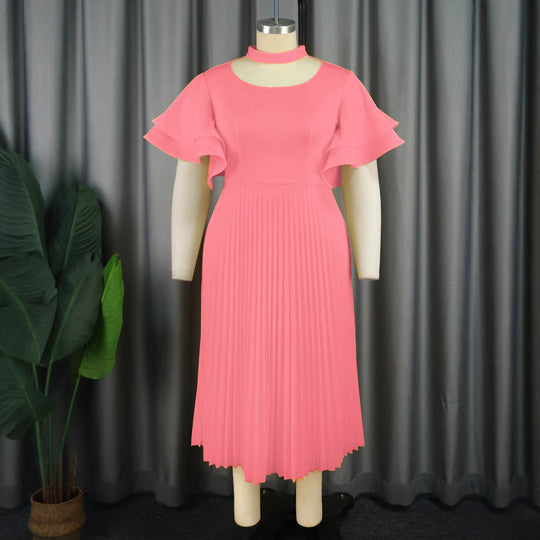 Damen Plissee Maxikleid mit Choker und voluminösen Ärmeln R&B