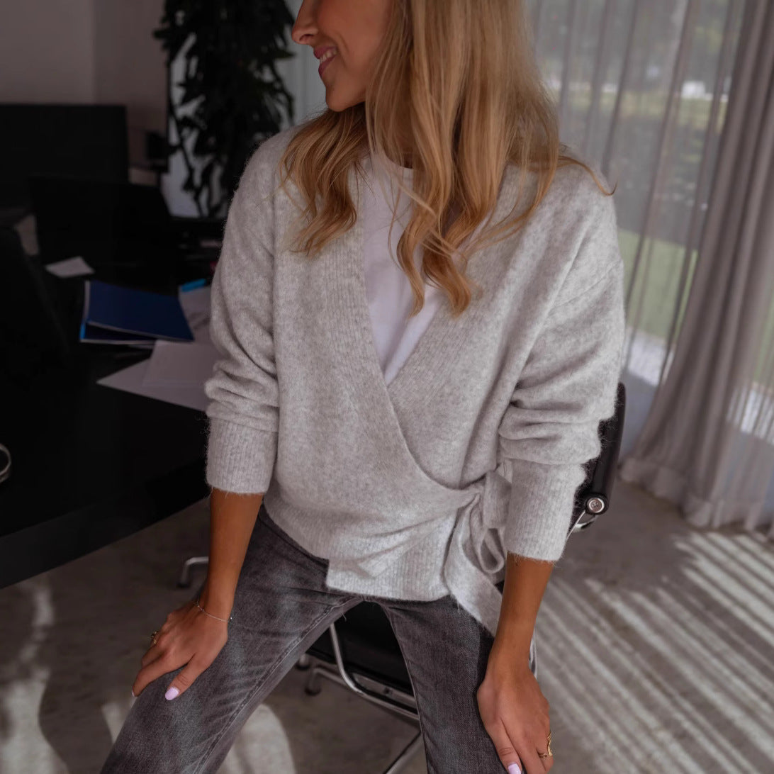 Damen Wickelstrickjacke mit dekorativem Bindegürtel und lässigem Schnitt R&B