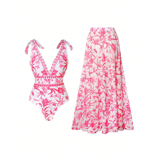 Damen Badeanzug-Set mit floralem Design und passendem Rock R&B