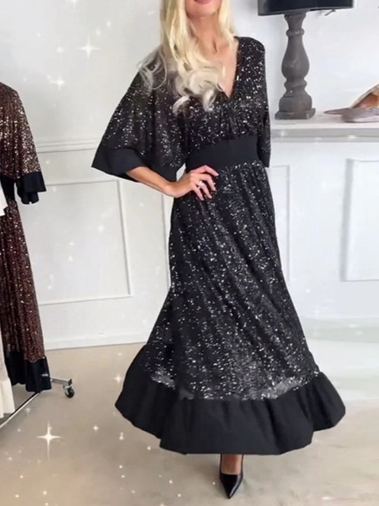 Damen Glitzerndes Maxikleid im eleganten A-Linie Schnitt mit voluminösen Ärmeln Heidi-Mode
