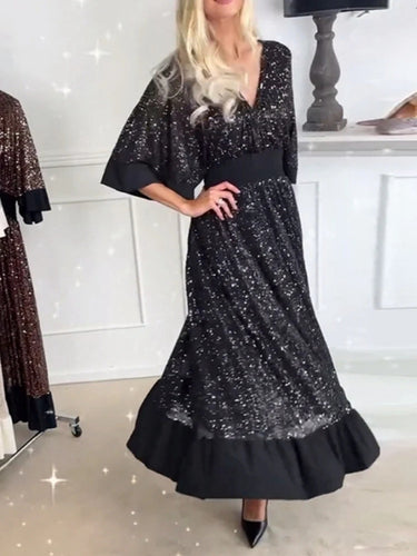 Damen Glitzerndes Maxikleid im eleganten A-Linie Schnitt mit voluminösen Ärmeln Heidi-Mode