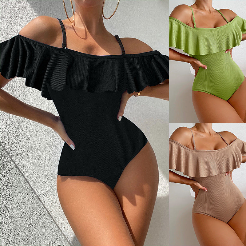 Damen Eleganter Badeanzug mit Volants und schulterfreier Ausschnitt R&B