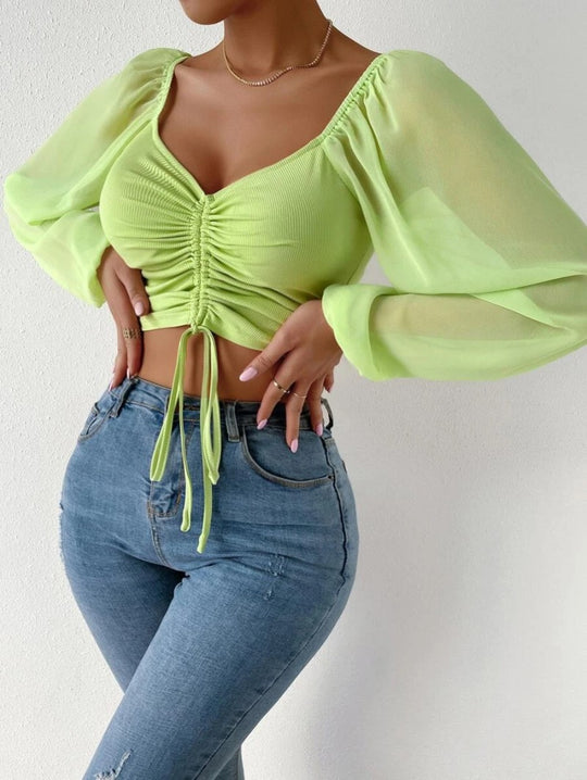 Damen Crop-Top mit strukturiertem Körper und eleganten Puffärmeln R&B