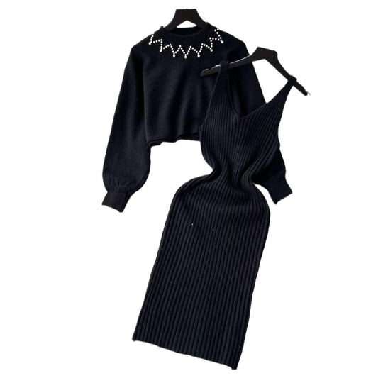 Damen Elegantes Strickkleid mit raffinierter Ribstruktur und stylischem Crop-Pullover R&B