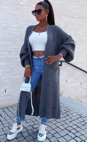 Damen Langer Strickcardigan mit weiten Ärmeln und praktischen Taschen R&B