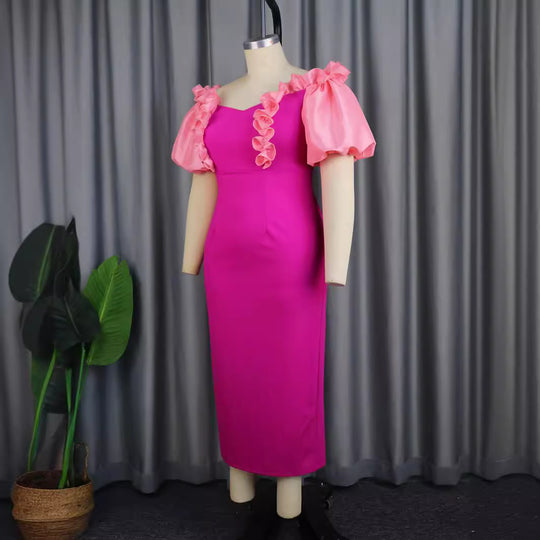 Damen figurbetontes Abendkleid mit voluminösen Rüschenärmeln R&B