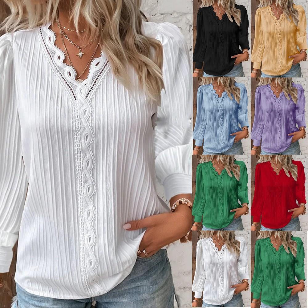 Damen nan romantische V-Ausschnitt Spitzenbluse mit Plissee und Puffärmeln R&B