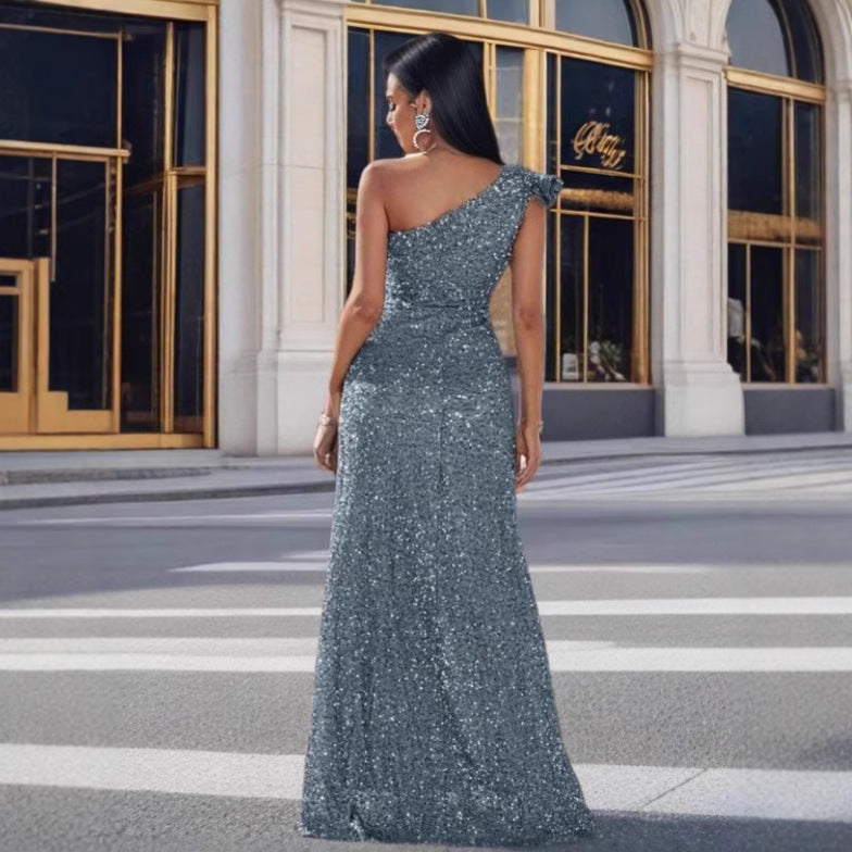 Damen Glamouröses Maxikleid mit schulterfreiem Design und funkelnden Pailletten R&B